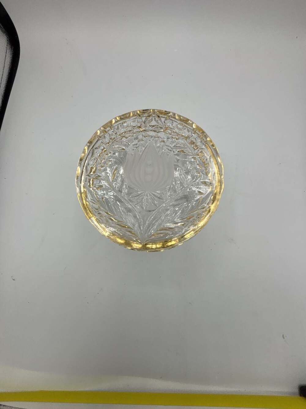 Vintage French Cut Crystal Hinged Jewelry Box Brass Trim /Floral Etched Design